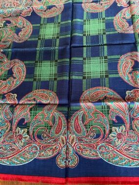Blue and Green Plaid Paisley Scarf with Red Trim 29“ x 29“ vintage